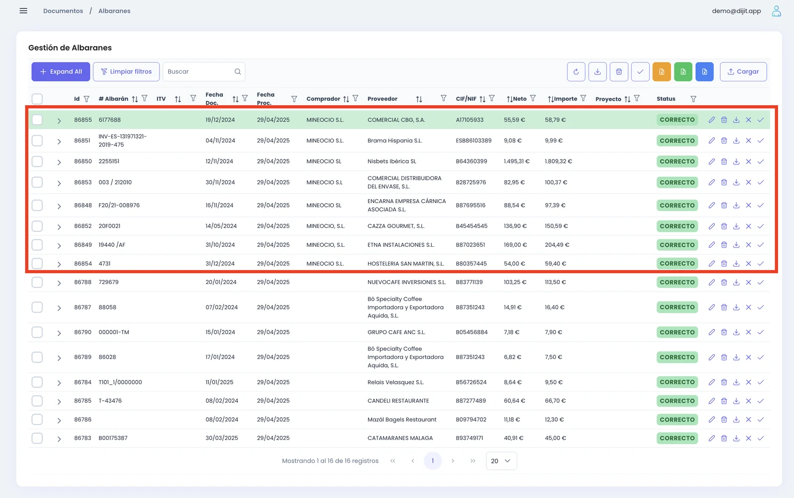 Listado de albaranes disponibles para consolidar en Dijit