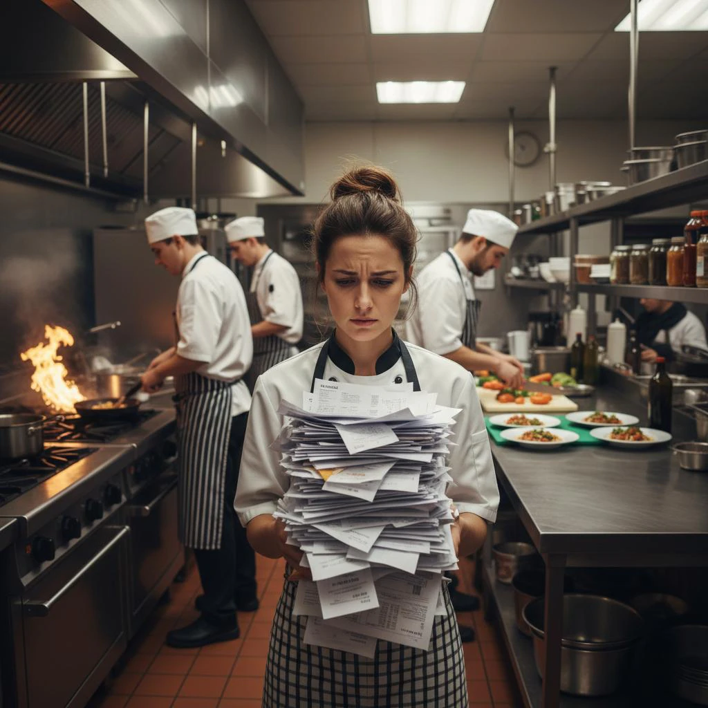 Trabajadora de un restaurante con un taco de albaranes y facturas por consolidar