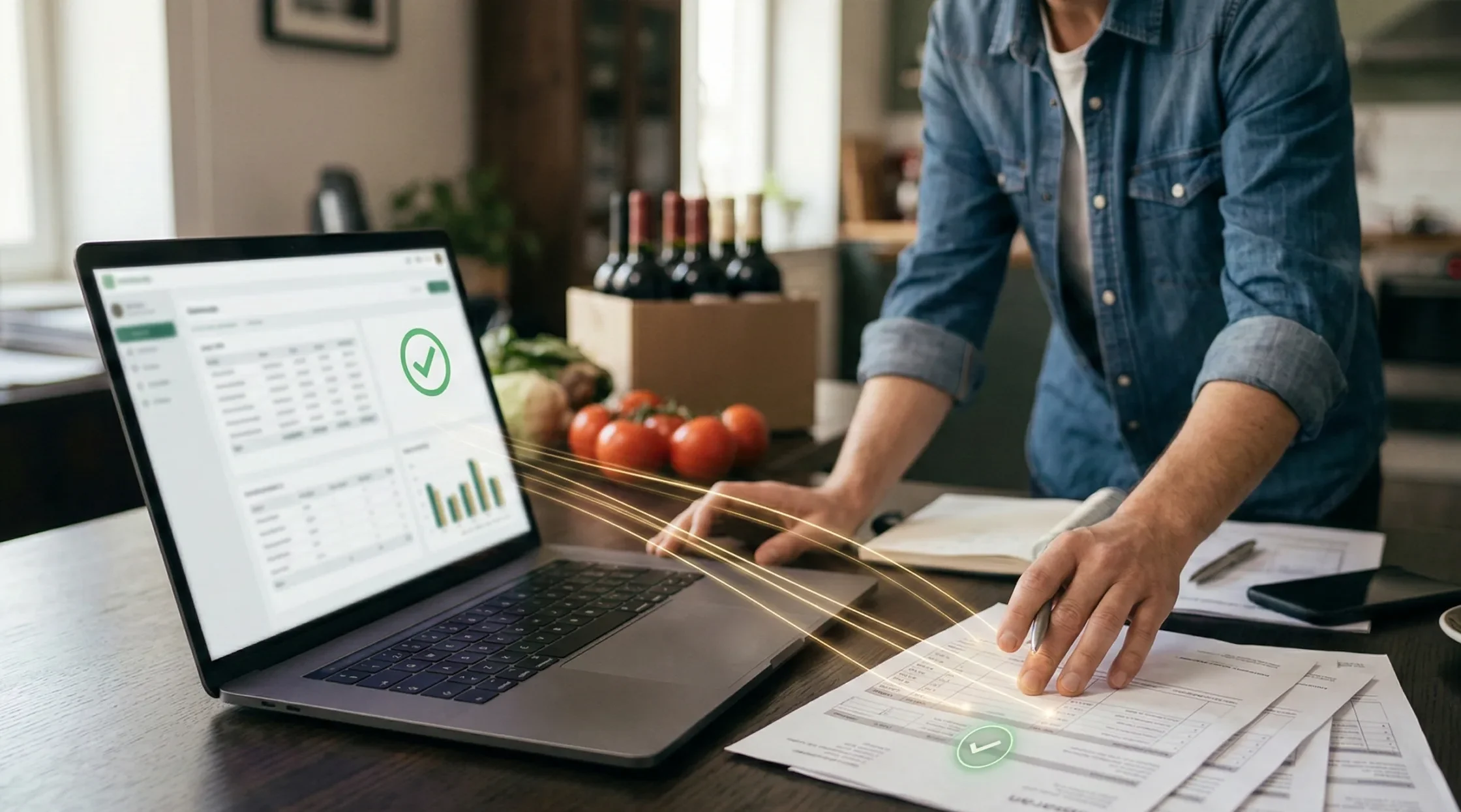 Digitalizar documentos con IA: las facturas en papel sobre la mesa y sus datos ya en la pantalla