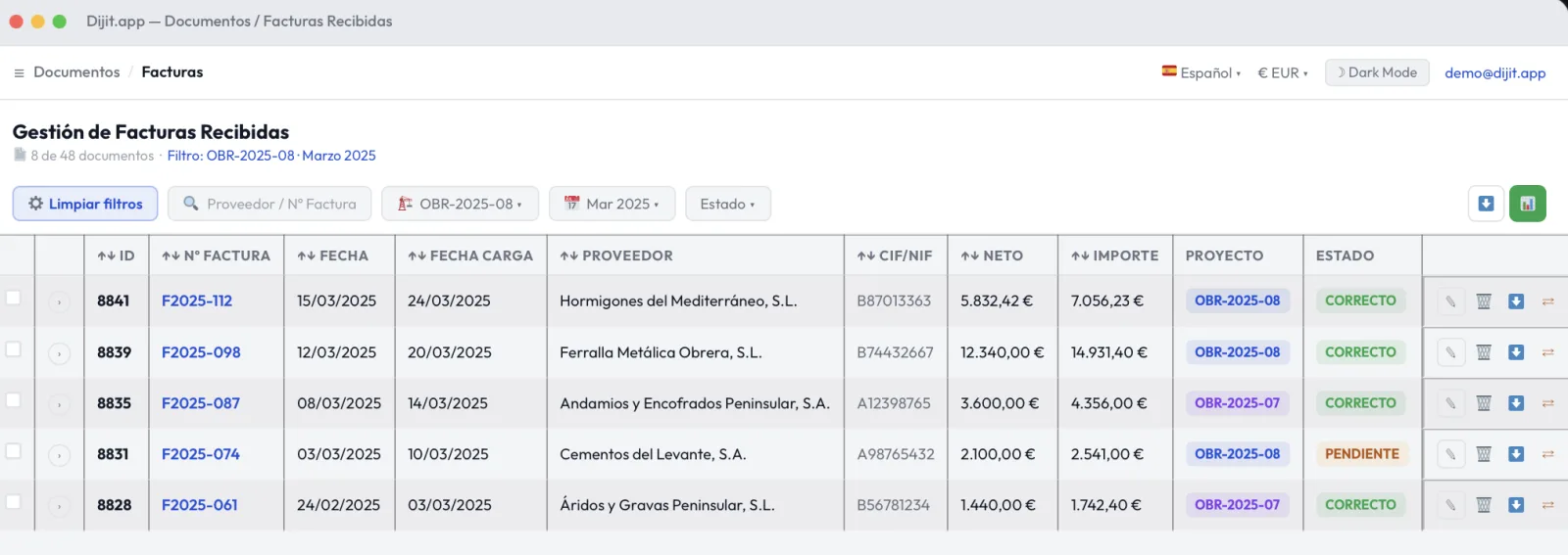 Listado de facturas recibidas en Dijit, con proveedor, CIF, base, importe y estado de cada una